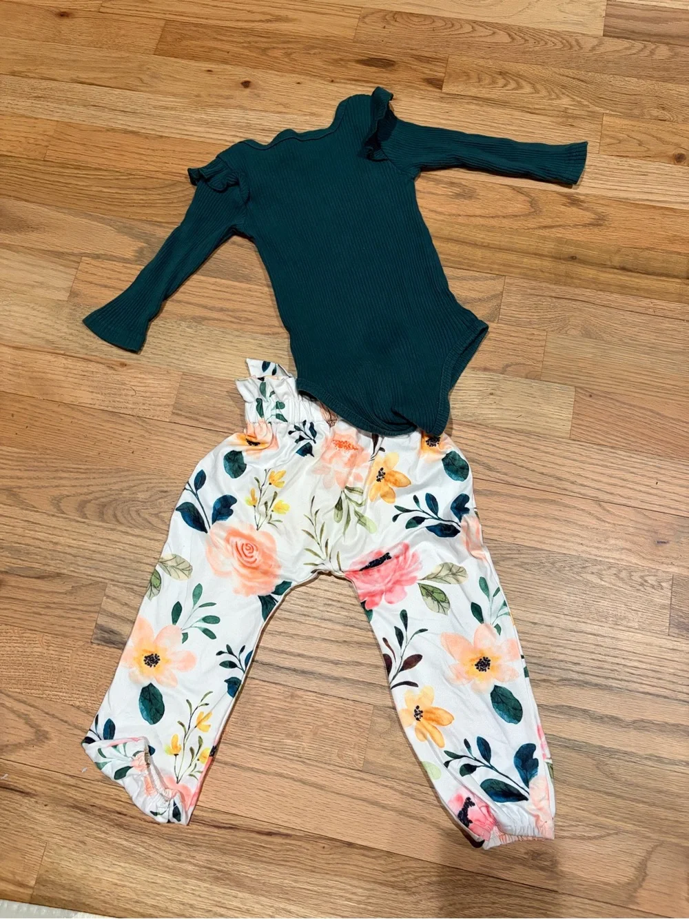 Toddler girl hunter green onesie and paperbag floral print outfit